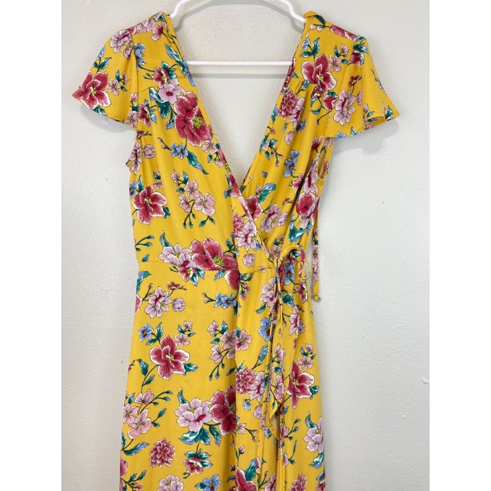 Women's Xhilaration Small Maxi Dress Floral Yellow V-neck Ruffle Polyester S/S